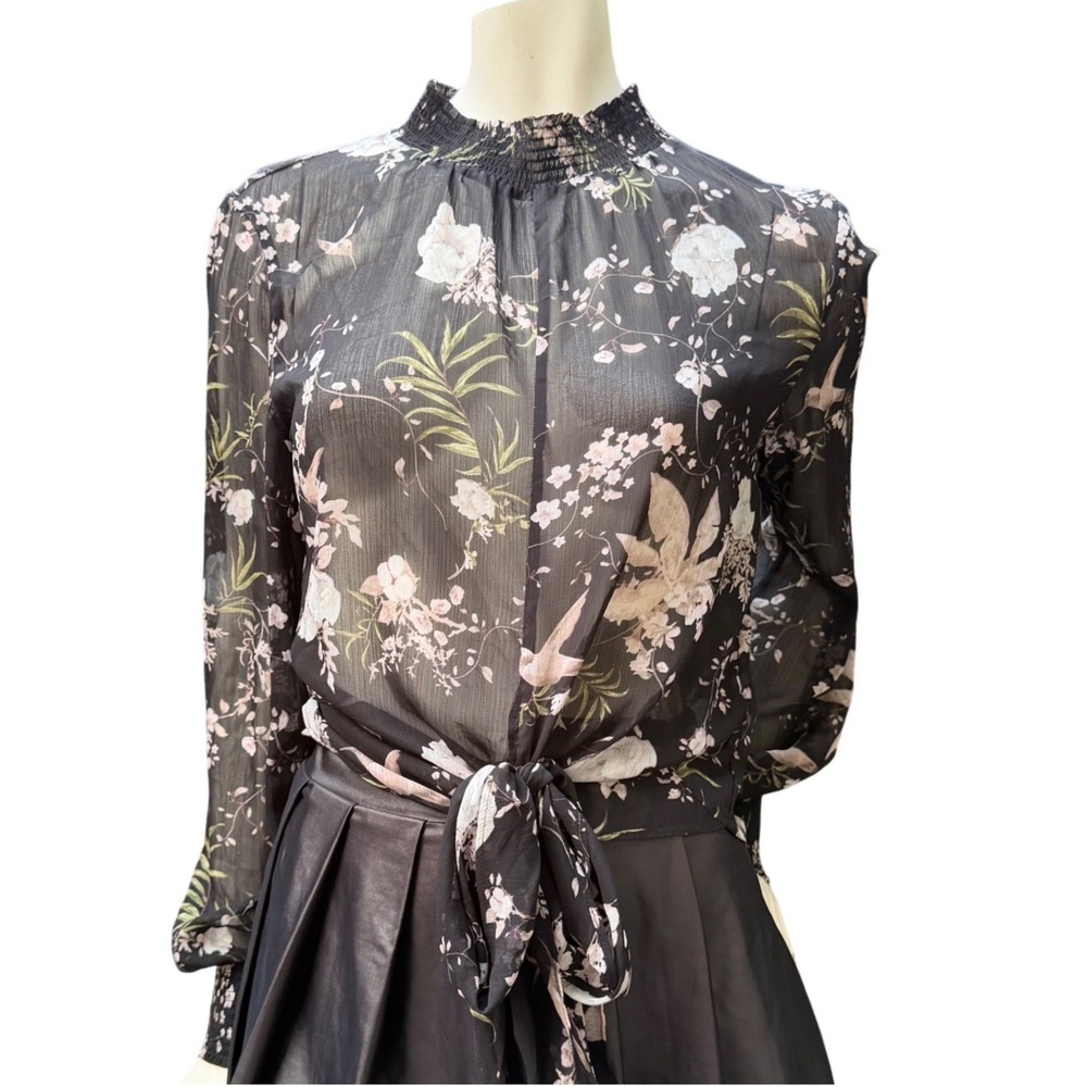 Maison Cinquant Floral Hummingbird Blouse Smocked Tie Front Dark Cottagecore M